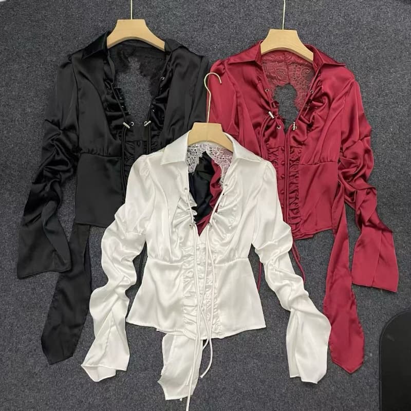 Korean style pure and alluring long-sleeved chiffon blouse with ruffled trim and flared sleeves, exuding a relaxed and elegant vibe.