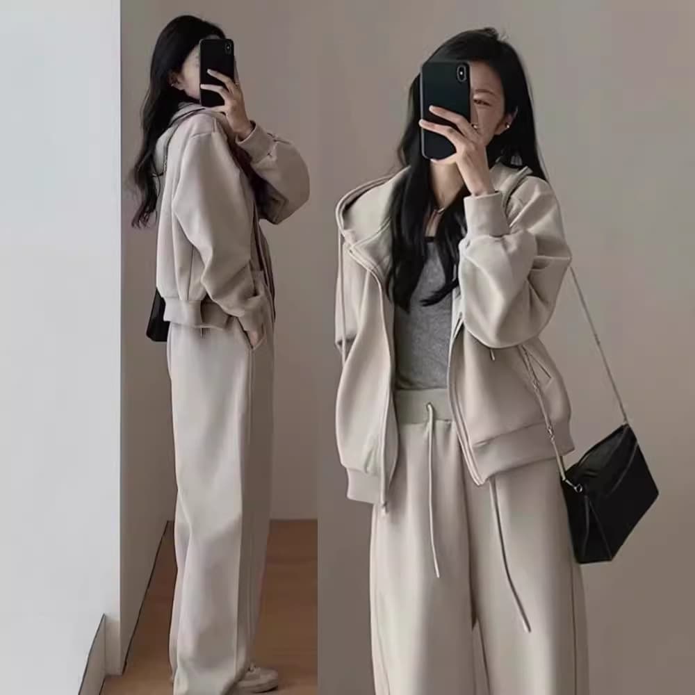 Autumn and Winter Casual Sweat Sports Clothes Women's Suit Fashion Slimming Age-reducing Wide Leg Pants Hooded Running Two-piece Fashionable Suit