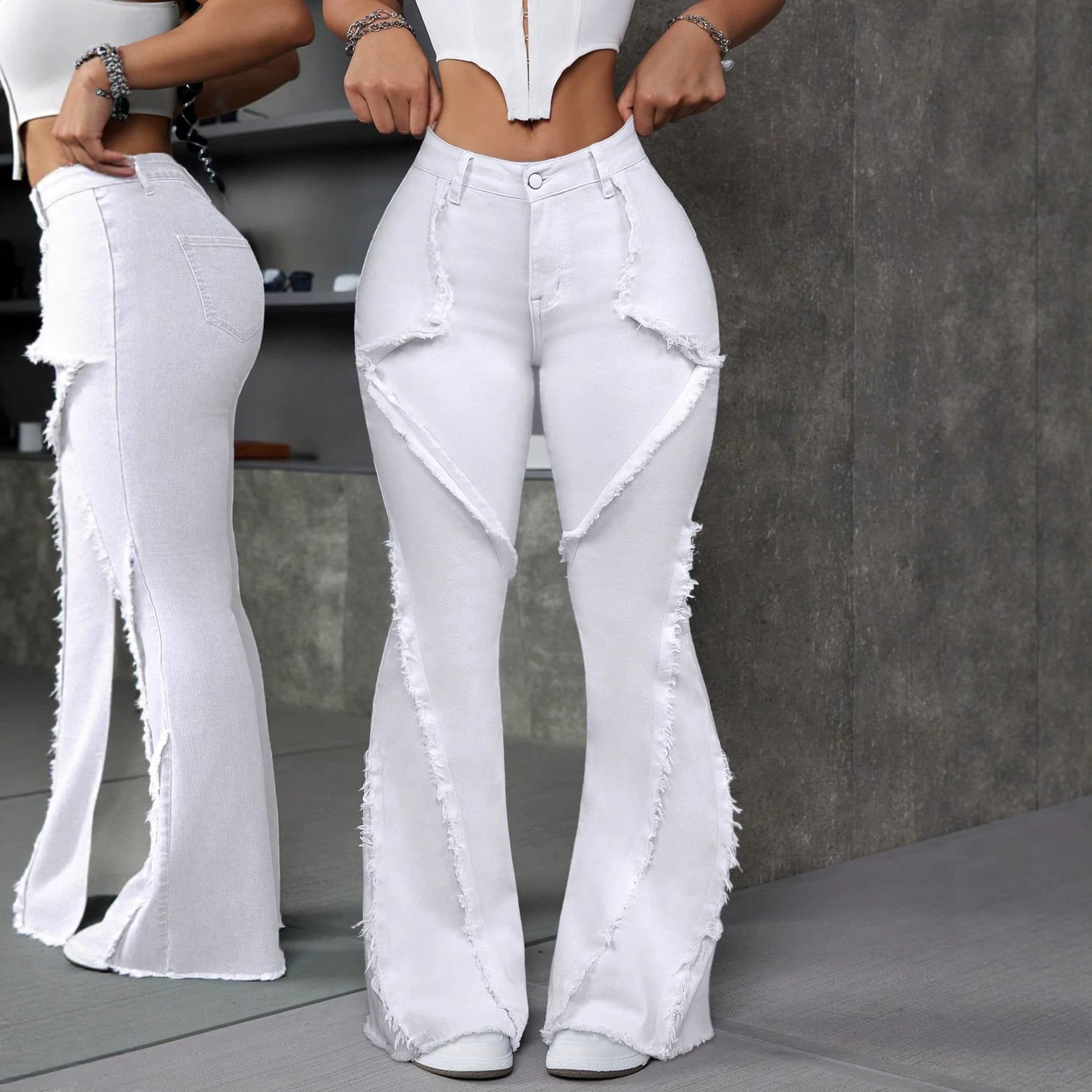 High-Waist Flared Jeans with Raw Hem for Women, Cross-Border Best-Selling Stretchy Slimming Floor-Length Flared Pants