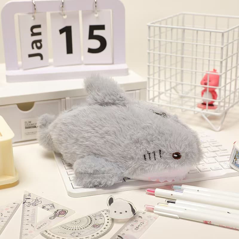New Shark Plush Pencil Case Student Stationery Bag Desktop Organizer Cosmetic Bag Gray Cartoon Gift Wholesale