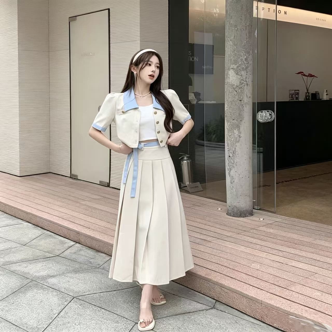 Plus Size Summer New High-Waist Skirt French Contrast Color Short Sleeve Shirt High-Waist Pleated Long Skirt Set