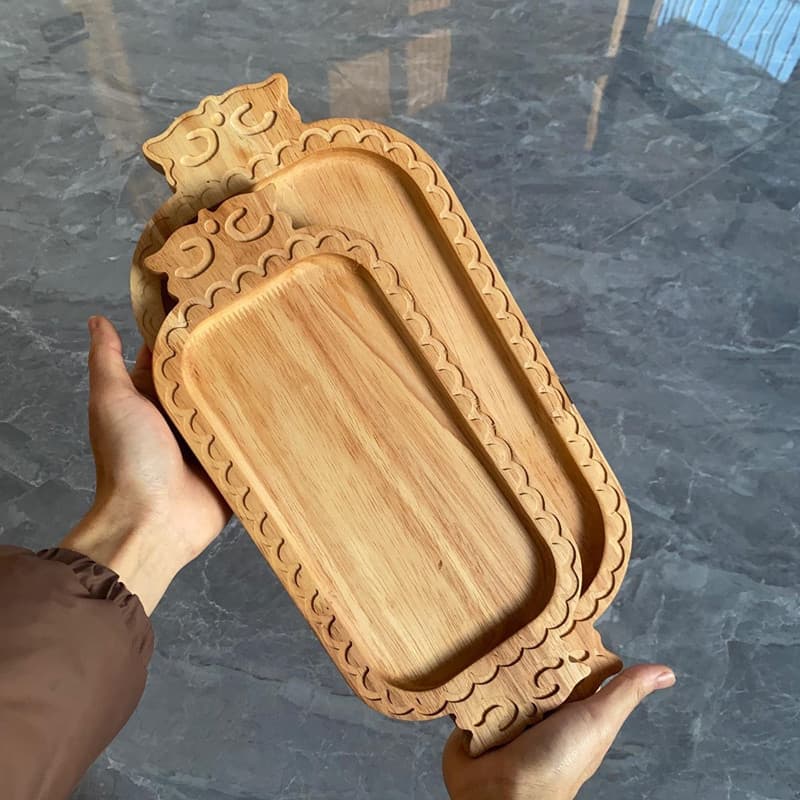 Ethnic Pattern Fruit Tray Solid Wood Carved Baursak Rectangular Bread Plate Kazakh Lamb Naren Plate