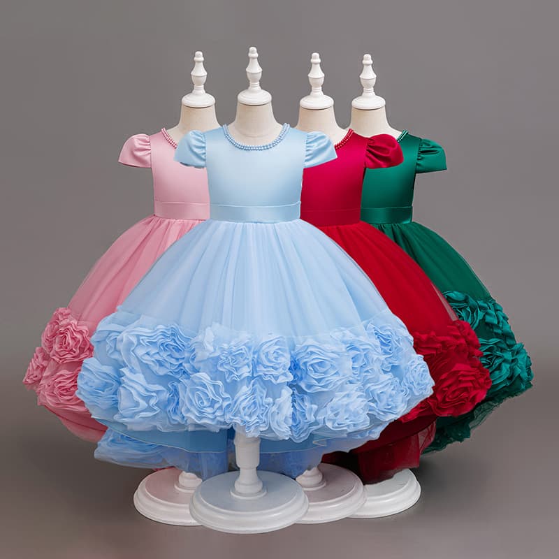 Girls' Dress with Trailing Skirt, Flower Girl Dress, Children's Floral Tutu Dress, Princess Dress, Baby Girl's First Birthday Dress
