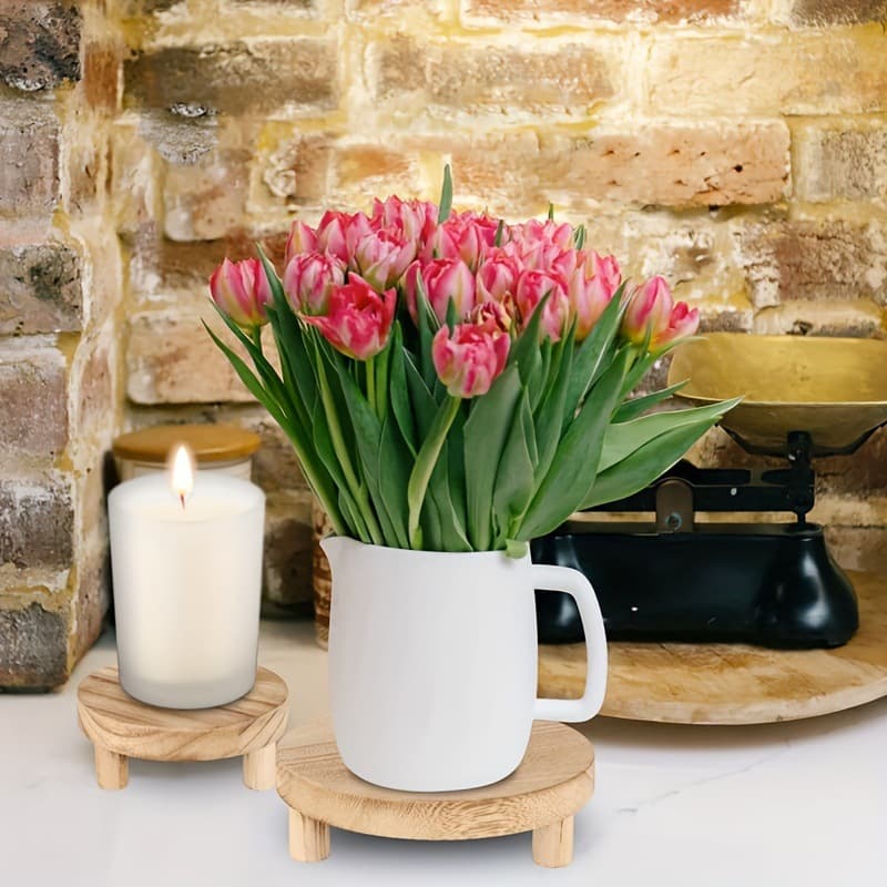 Wooden Round Base Stand for Indoor Succulents and Orchids, Solid Wood Plant Pot Holder Home Decor Tray