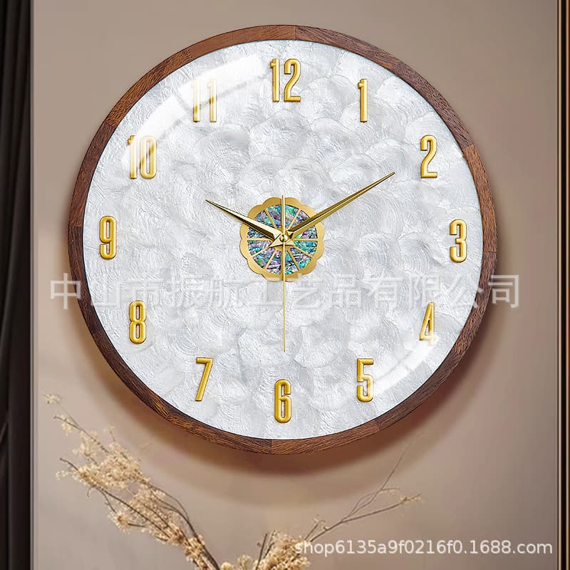 Walnut Solid Wood Round Wall Clock 2024 New Style Living Room Clock Wall Hanging Modern Simple Clock Household Electric Wave Clock