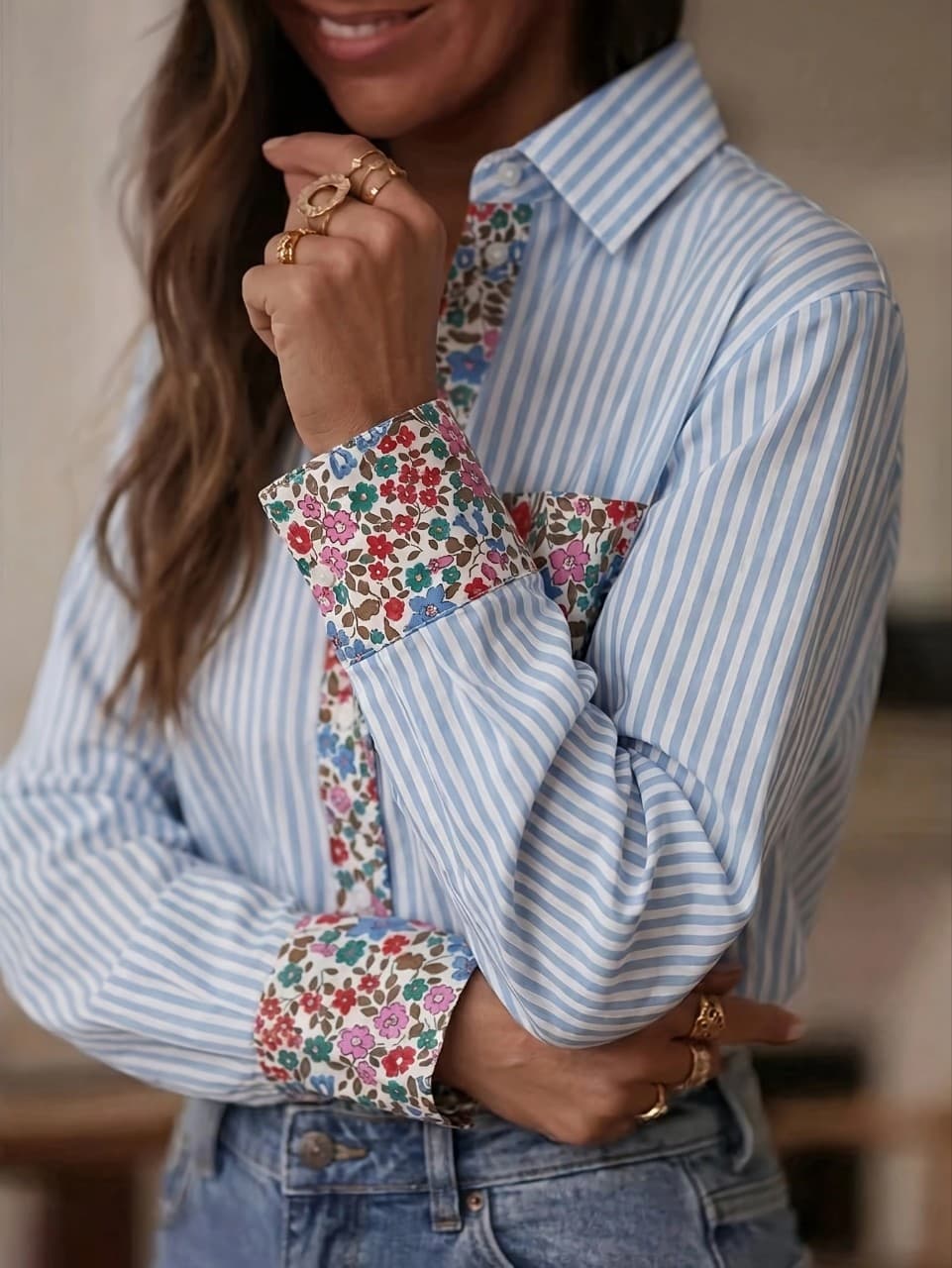 European and American cross-border new European and American Amazon independent personality fashion stitching striped women's shirt
