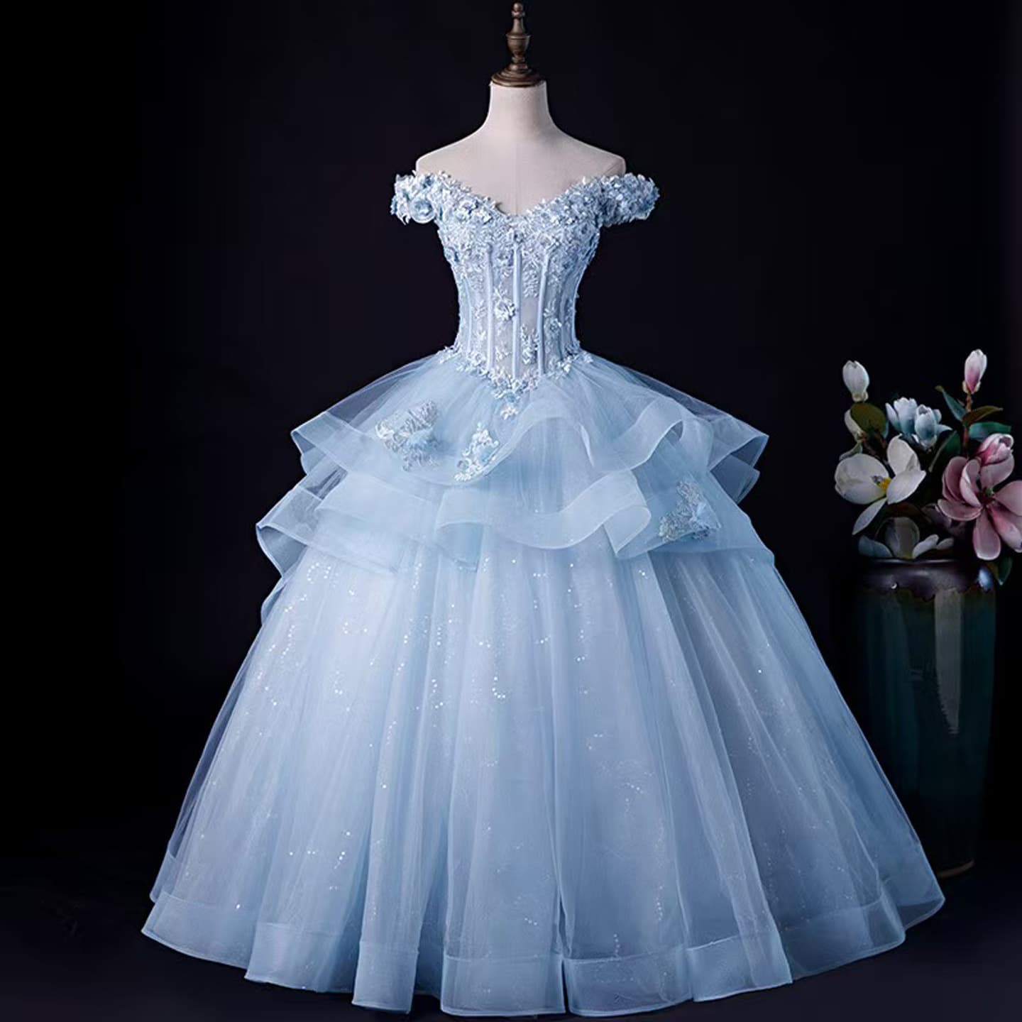 Cross-Border Source Blue One-Shoulder Multi-Layer Student Art Exam Performance Host Puffy Skirt Exquisite Embroidered Ball Gown