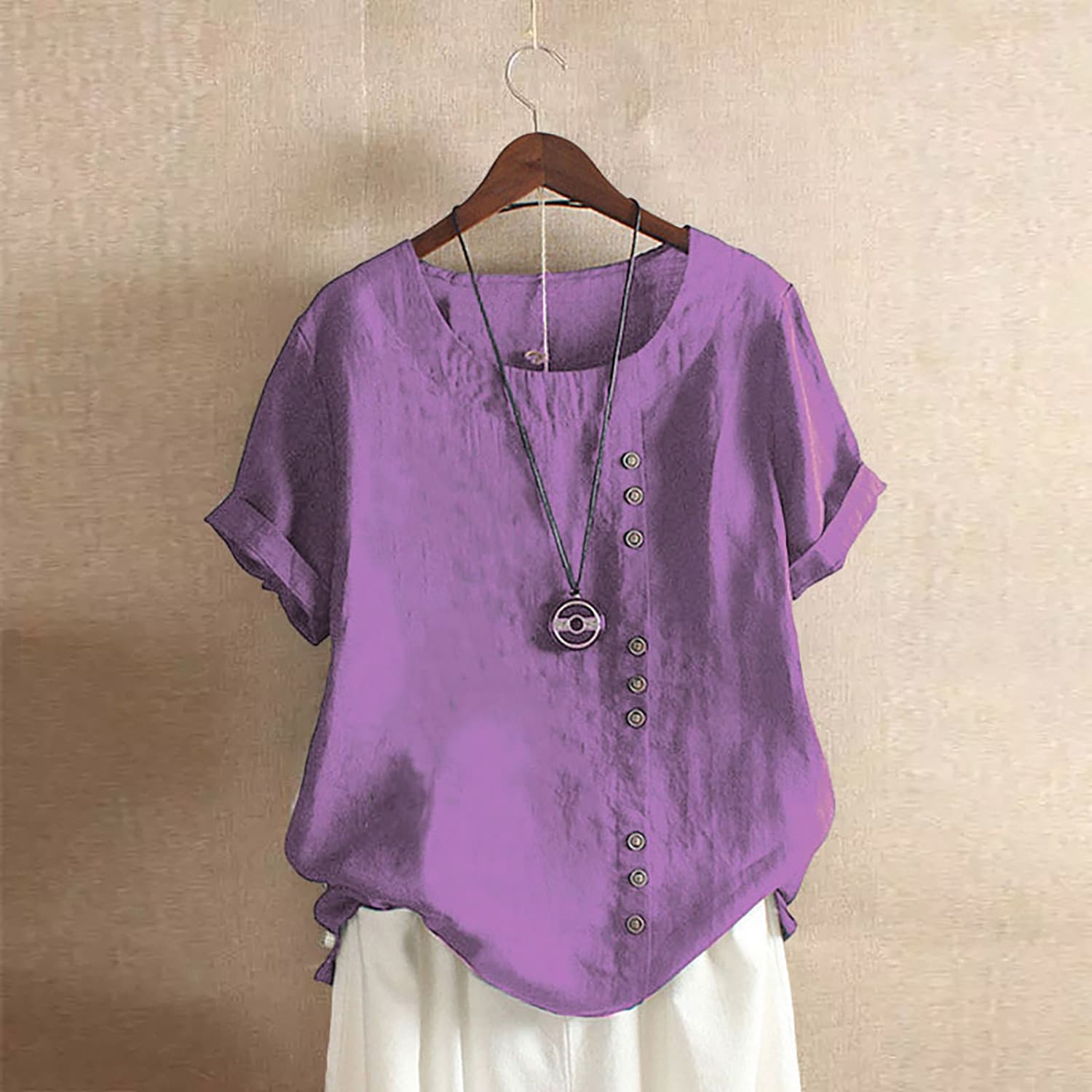 Cross-border Women's Cotton Linen Top Plus Size Casual Loose Cotton Linen T-Shirt Plus Size Women's Clothing AMZ