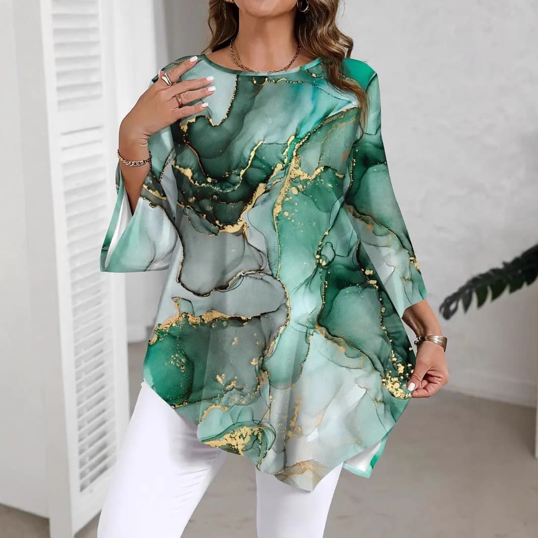 2025 Amazon Summer New Arrival European and American Best-Selling Casual Versatile Top Marble Print Crew Neck T-Shirt