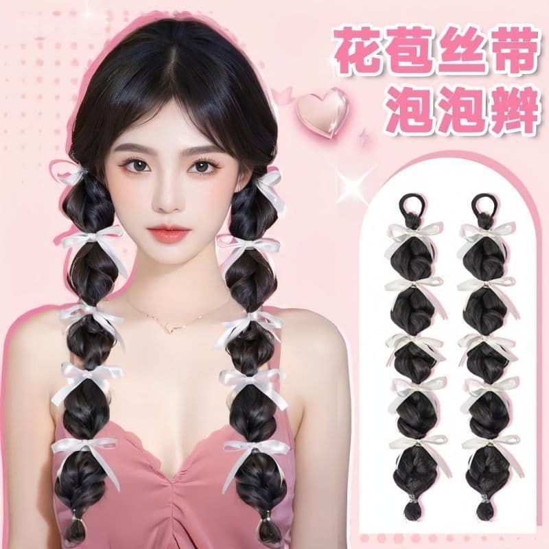 Ribbon Bubble Braid Ponytail Wig for Ballet Girls, Long Braided Pigtails, Boxing Braids, Realistic Human Hair Lantern Braids