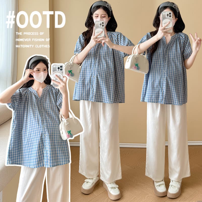 Maternity Wear 2026 Summer New Short Sleeve Plaid Casual Shirt for Concealing Belly