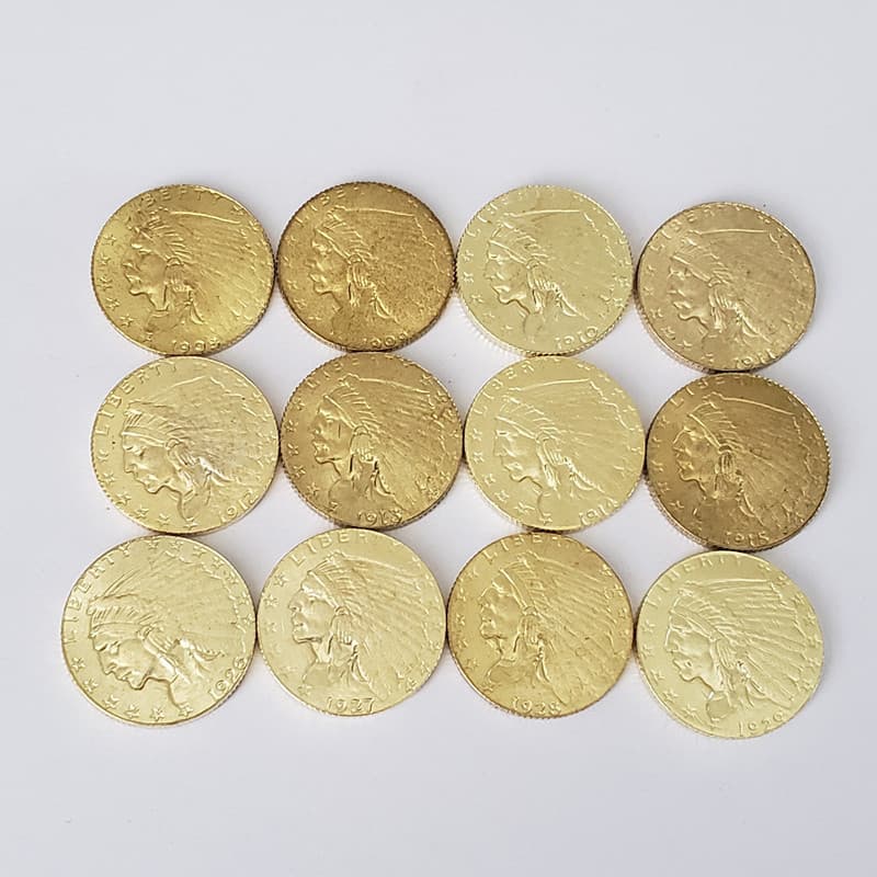 12 different brass versions of US Indian Head 2.5 cent gold coins 1908~1915,1926~1929