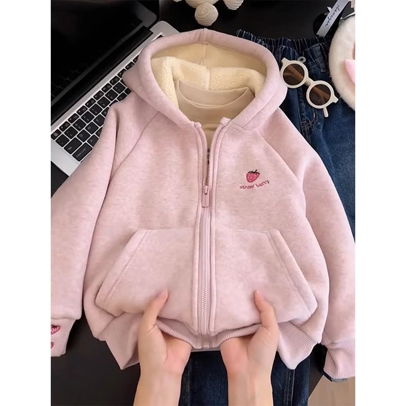 Girls' Thickened Fleece Lined Alpaca Wool Coat Autumn Winter Style Hooded Open Cardigan Sweatshirt Children's Outerwear Jacket