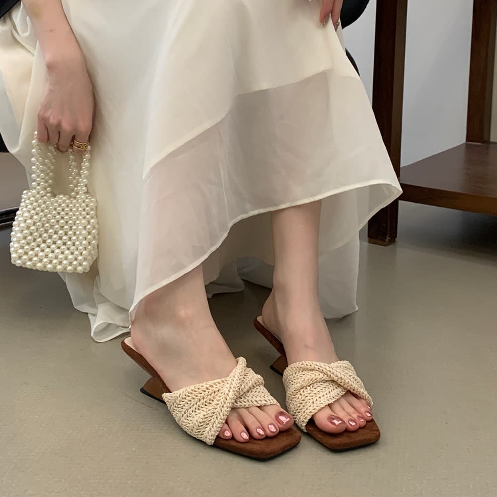 Square-Toe Woven High-Heel Mule Sandals for Women 2026 Summer New Arrival European and American Design Wedge Heel Versatile One-Band Slide
