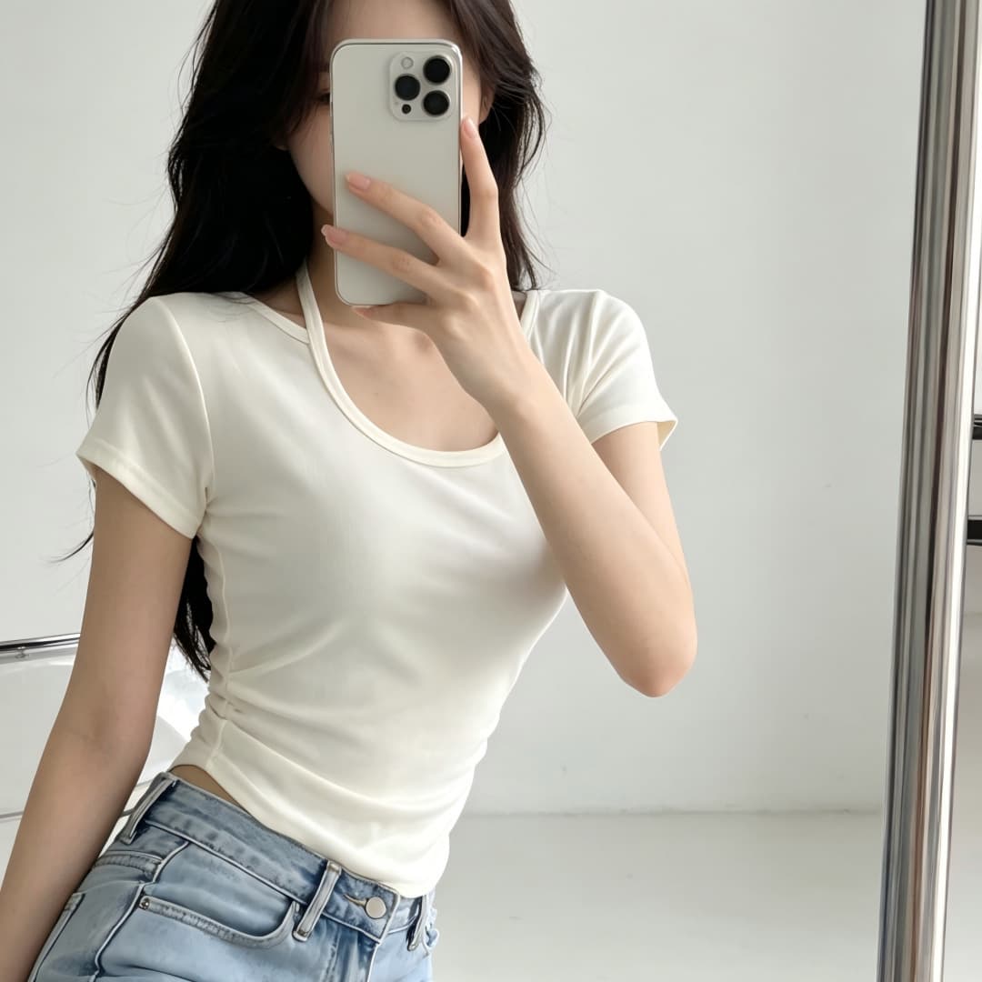 Short-sleeved T-shirt for women, summer American hot girl, irregular shoulder, halter neck, slim design, short pleated pure lust top