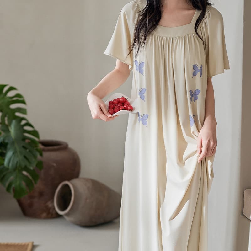 Women's Summer Sleep Dress with Built-in Pads, Modal Cotton Short Sleeve Thin Cool Butterfly Long Nightgown