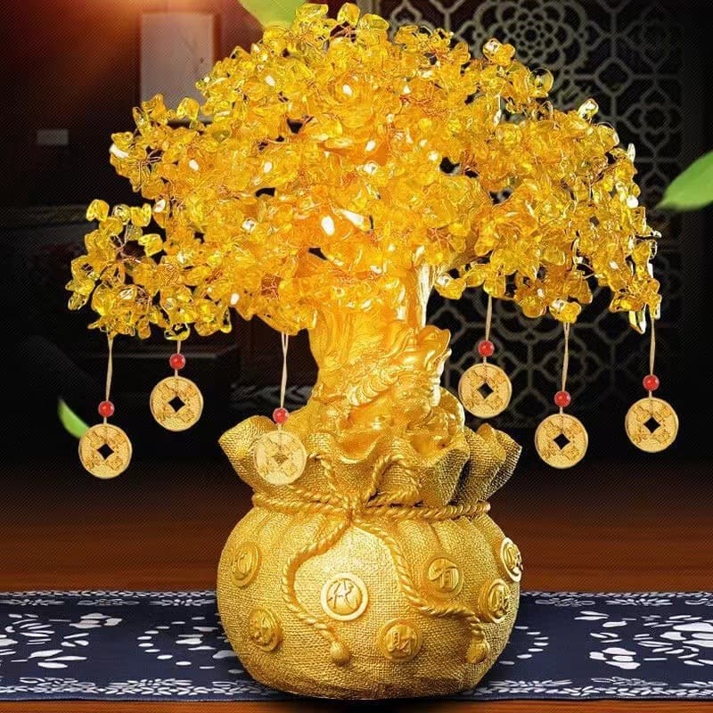 Citrine Money Tree Lucky Plant Crystal Ornament, Wealth-Attracting Tree for Home Living Room, Opening Ceremony Gift