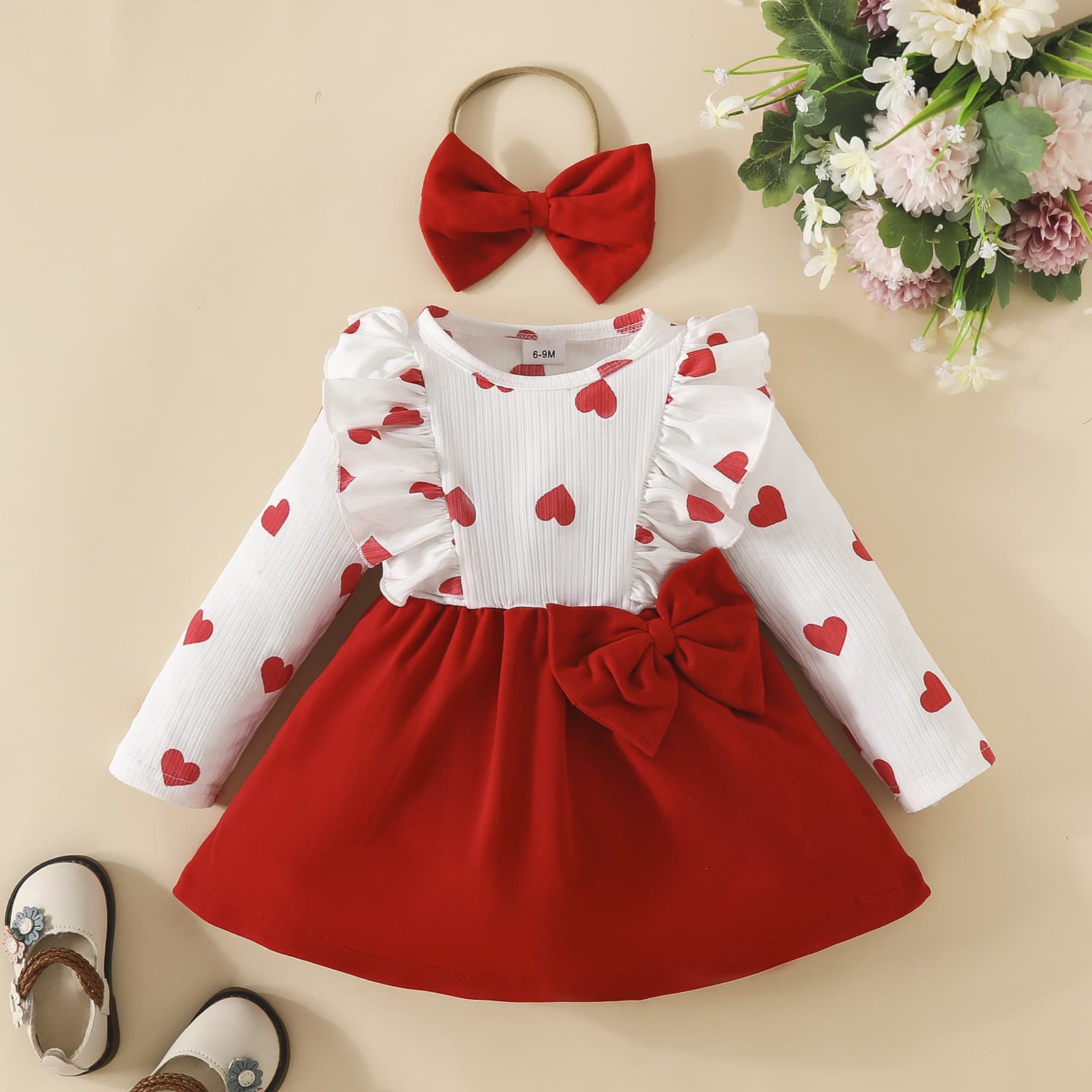 2024 European and American Baby Long-Sleeve Dress for Toddler Girls with Heart Bow, Spring and Autumn Sweet Dress