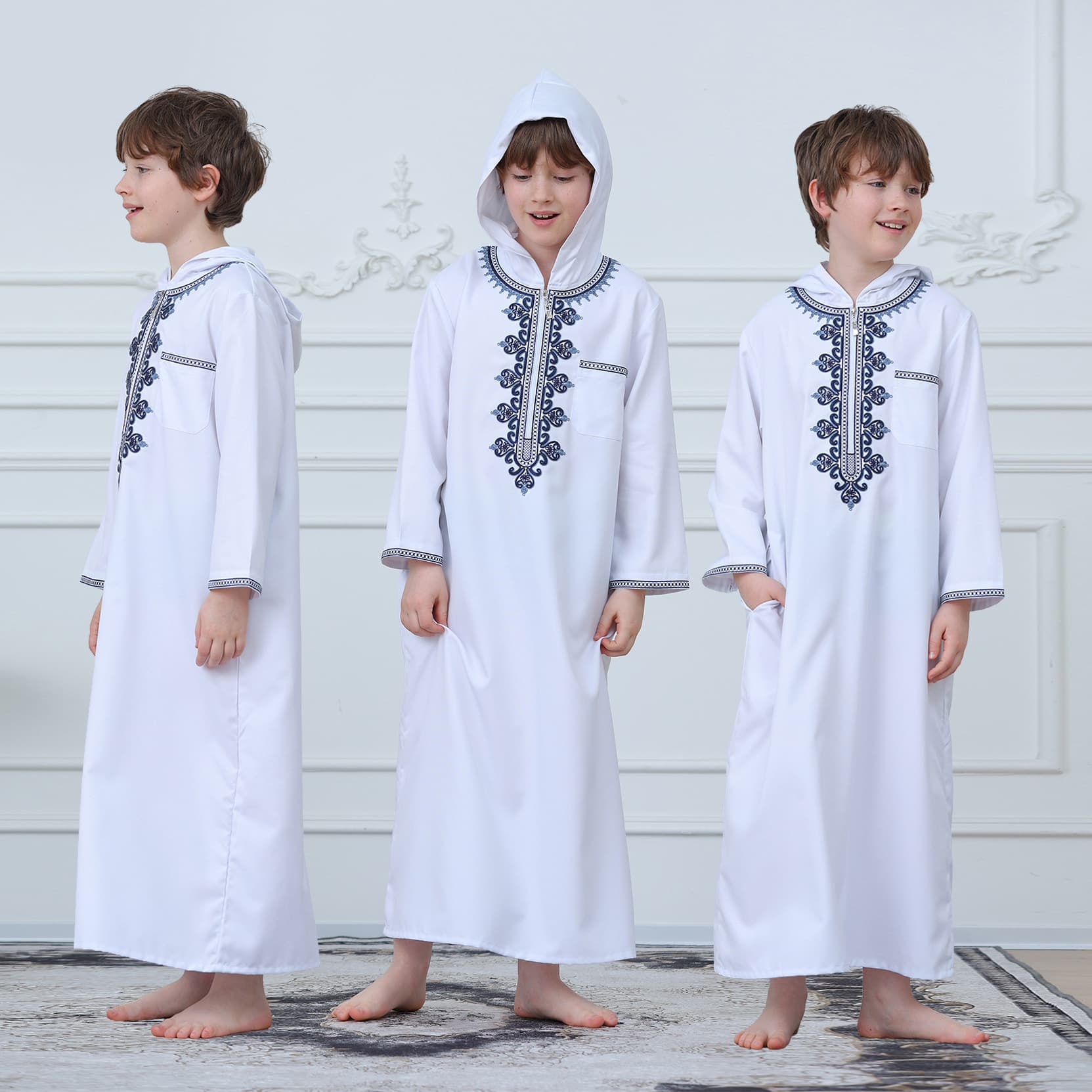 KID0014 New boys' hooded embroidered solid color robe summer children's long casual Thobe