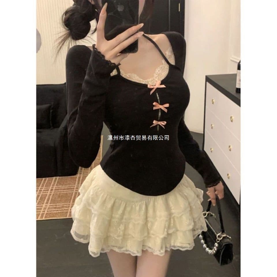 Lace Trim Halter Top Women's Spring Summer New High Waist Slimming Layered Cake Skirt Set Two-Piece Outfit