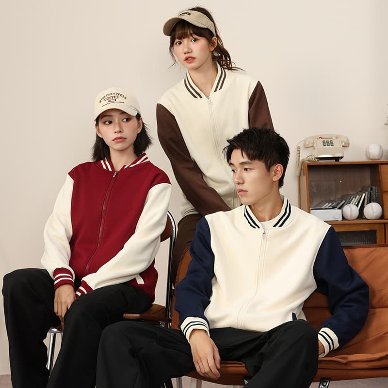 Korean cotton straight thick zipper baseball jacket custom color-block class uniform cardigan spring autumn hoodie workwear jacket