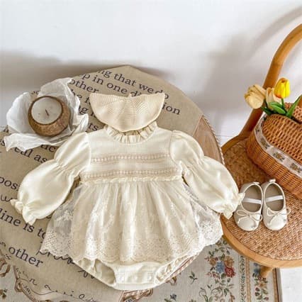 INS 2025 Autumn Infant Girl Waffle Lace Mini Skirt Long Sleeve Harness Skirt Cover-up Jumpsuit