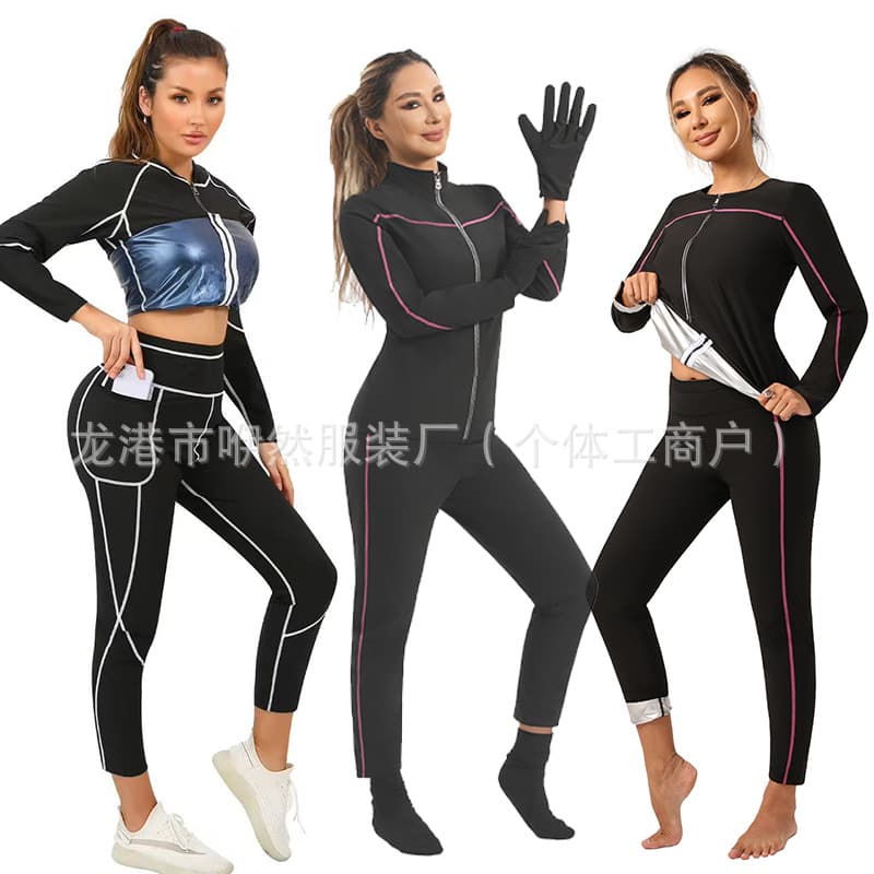 Cross-border Hot Selling Women's Sports Fitness Training Suit Long Sleeve Rose Red Line Sweat Suit Sauna Suit