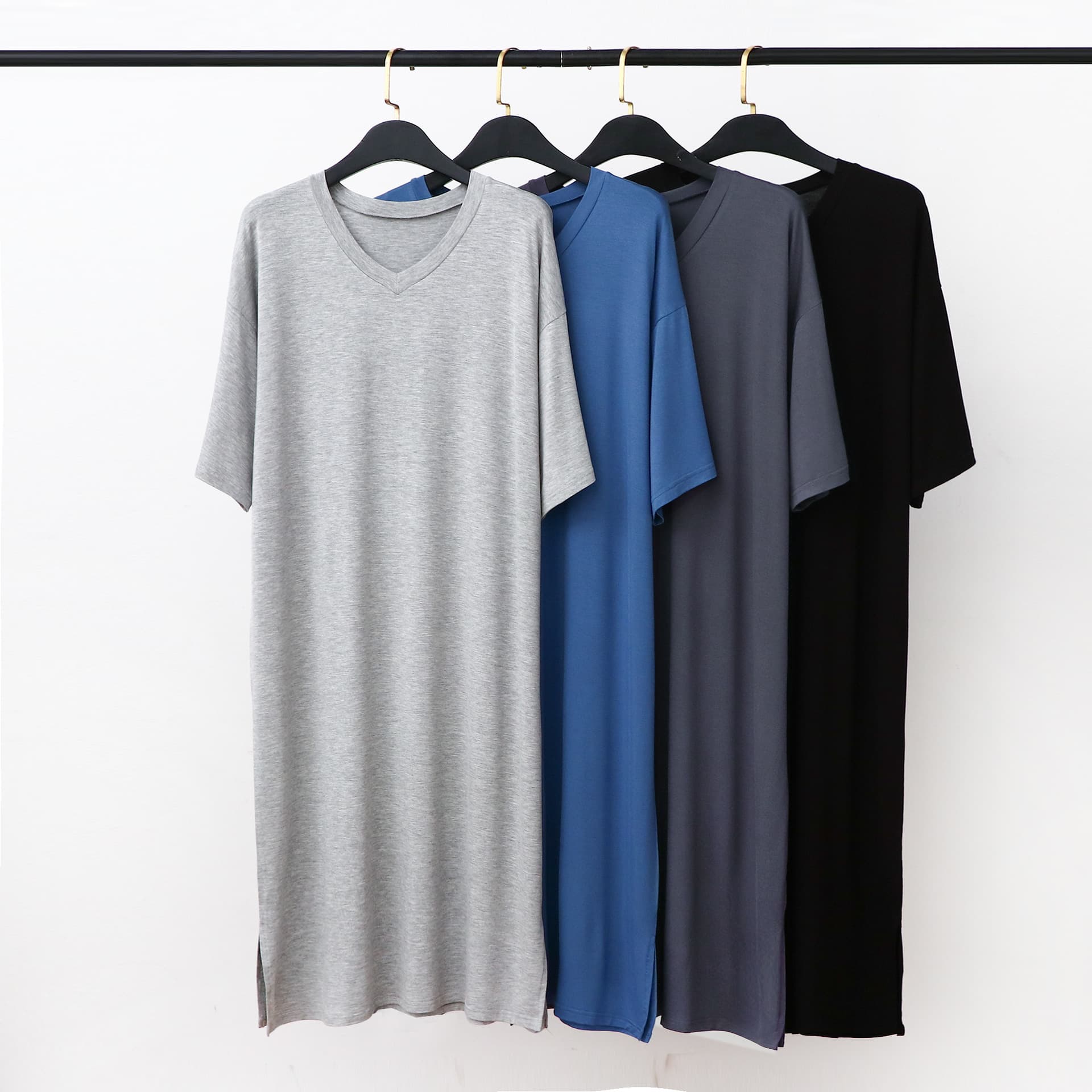 Men's Modal Sleepwear Long Over-Knee Short-Sleeve V-Neck Mid-Length Gown Loose Dress Robe Comfortable Casual Home Clothes
