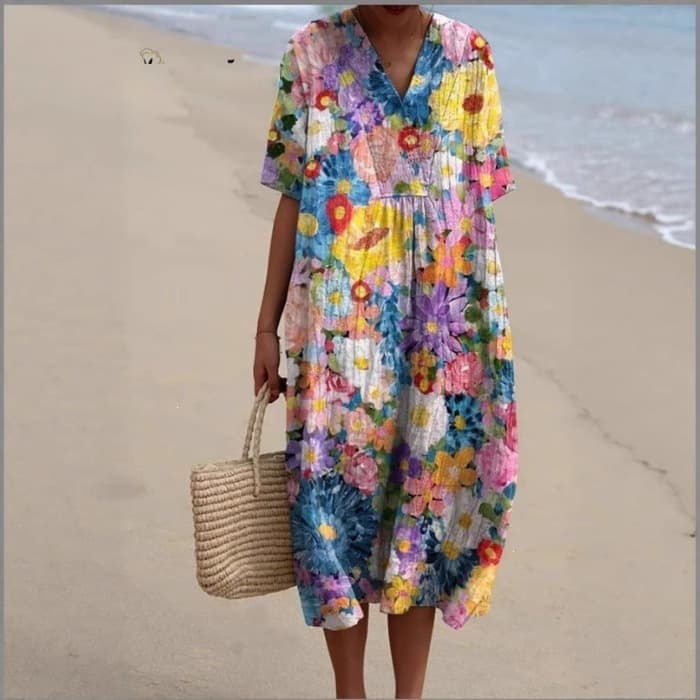 Independent site Amazon TK new plus size women's shirt short-sleeved dress floral plant holiday style jumpsuit