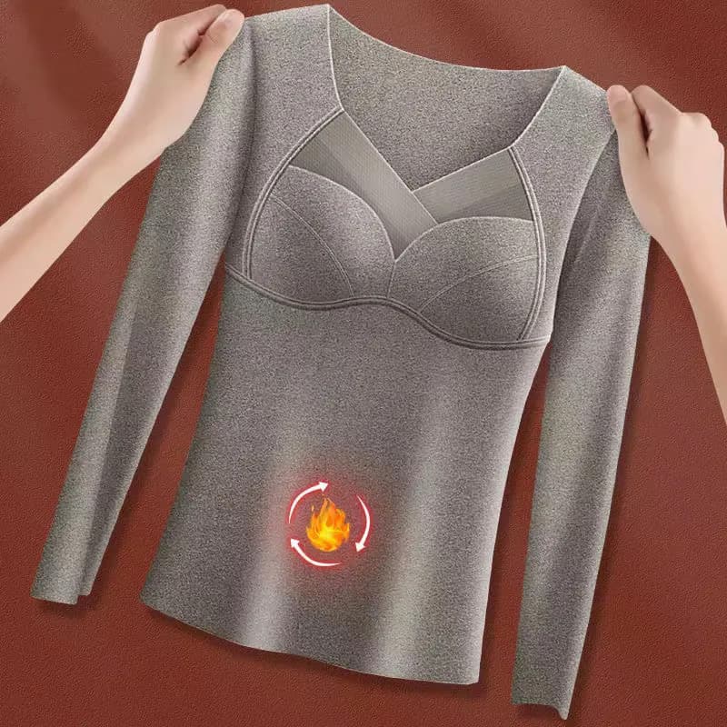 German Fleece Thermal Underwear with Built-in Bra, One-Piece Base Layer, Winter Fleece-Lined Thick Heating Long-Sleeve Warm Shirt