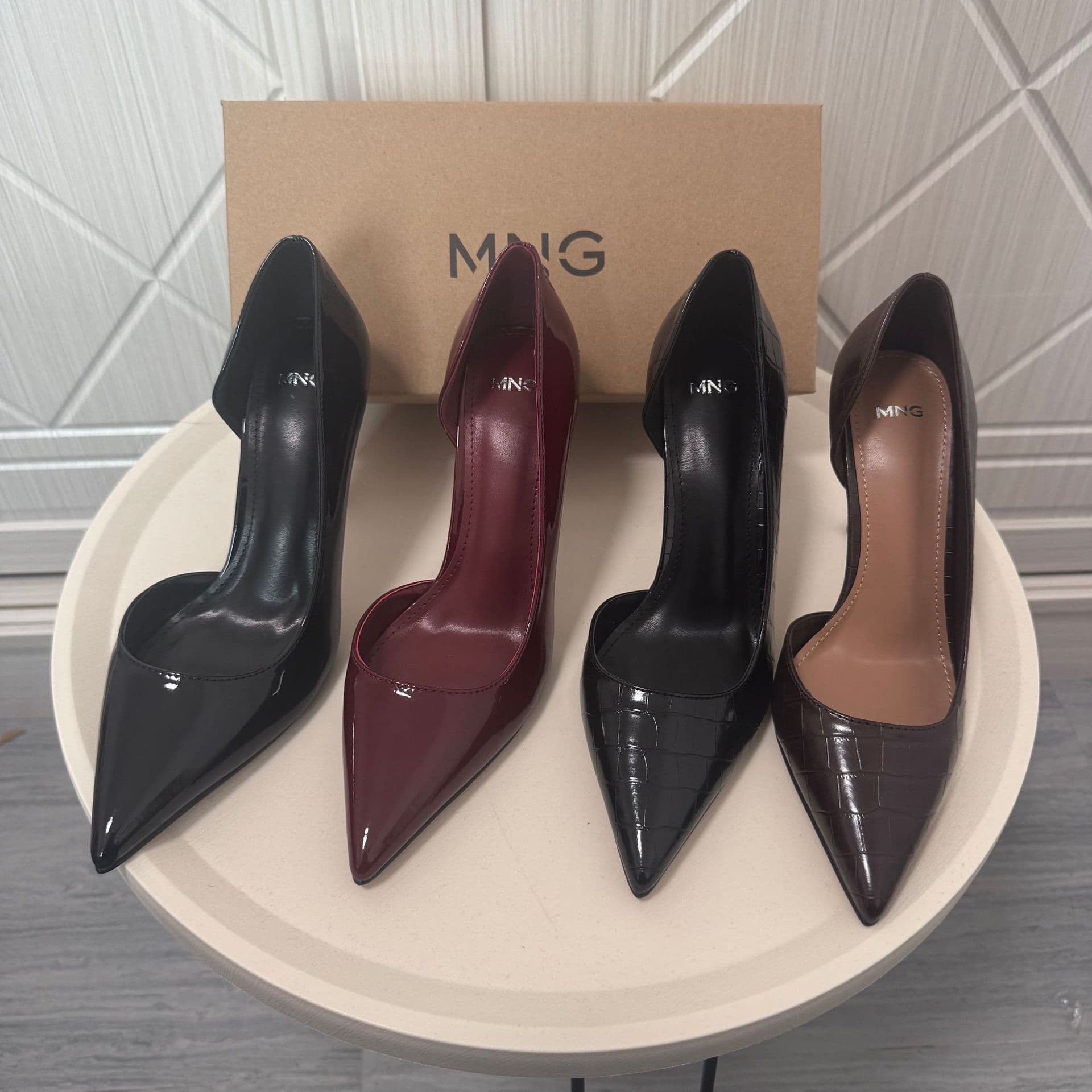 Spanish MNG mango stone pattern dark brown high heels for women new pointed toe stiletto sexy single shoes for women