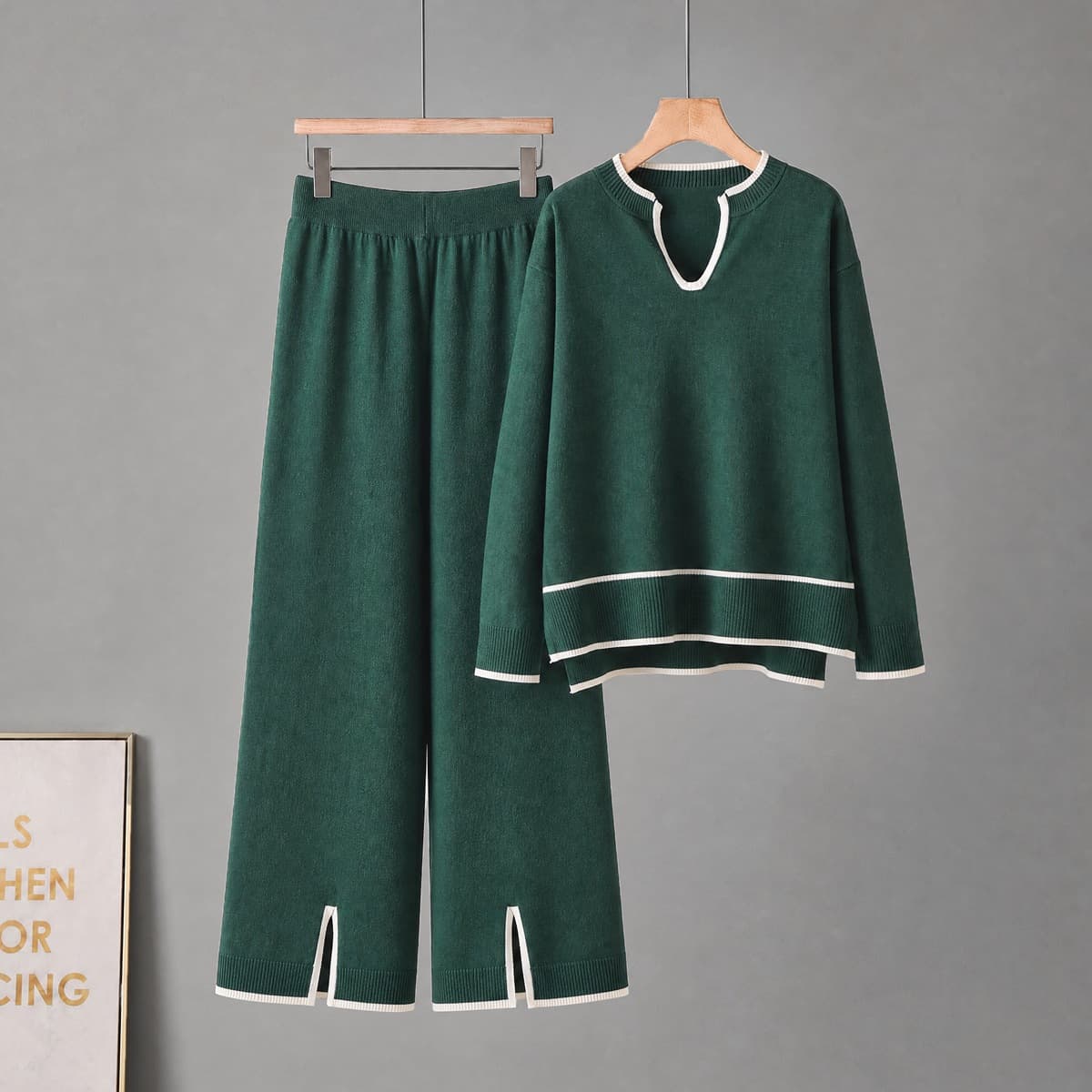 Women's Autumn Winter Knitted Sweater Set U-Neck Long Sleeve Wide Leg Pants Two-Piece Knitted Ensemble Fashionable Casual Wear