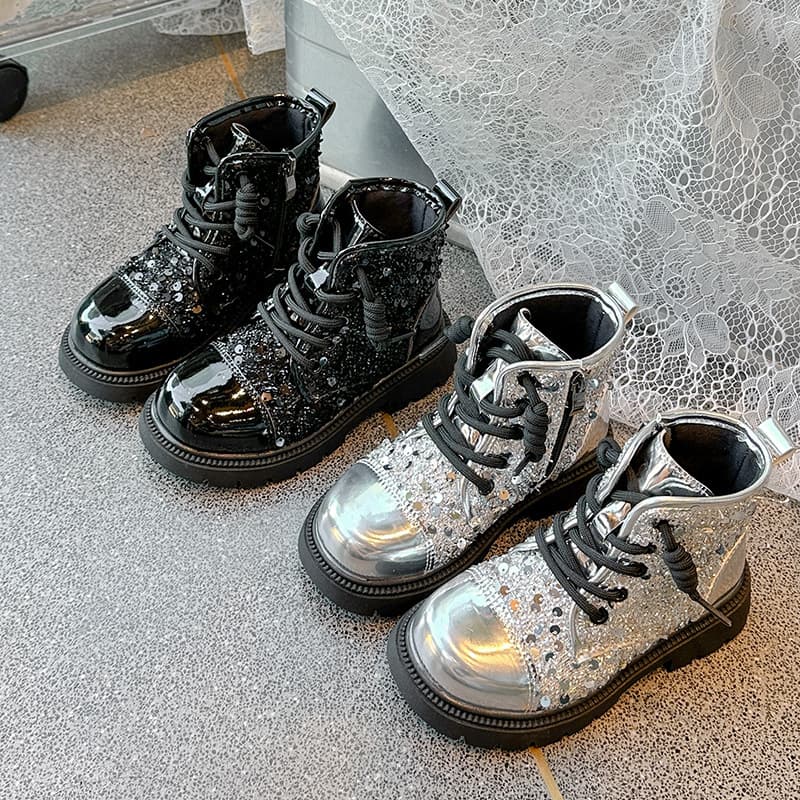 Silver Martin Boots Spring Autumn Shoes Children Short Boots Model Runway Girls Sparkly Boots Patent Leather Black