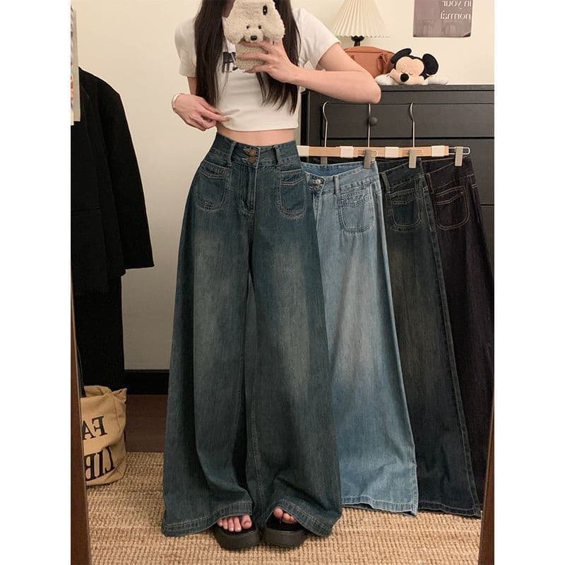 Pear-shaped figure retro blue denim jeans for women, new spring style, plus size, loose fit, slimming, high-waisted wide-leg pants