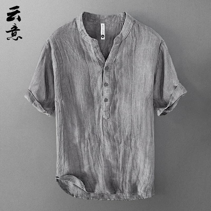 Pure Linen Short Sleeve T-Shirt for Men Summer Chinese Style Loose V-Neck Top Retro Casual Half Sleeve Linen Tee