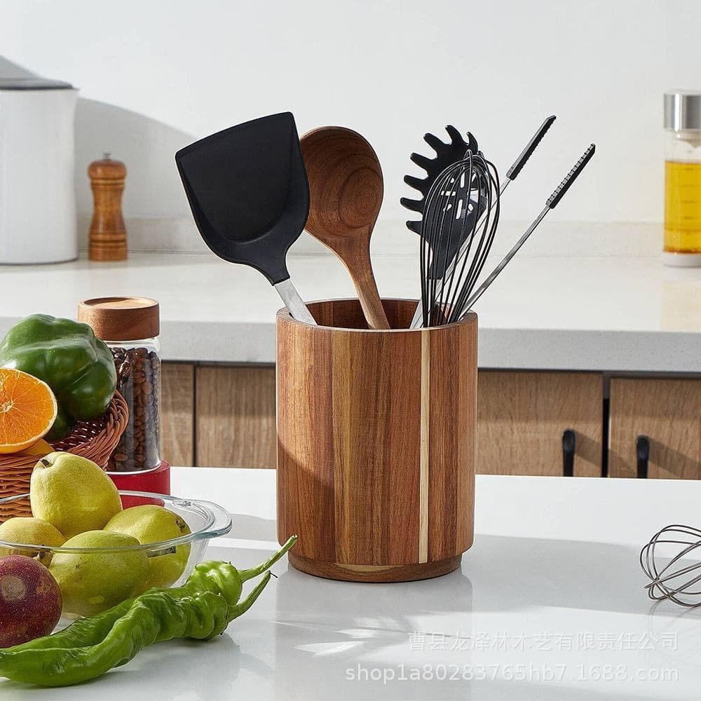 Cross-border Acacia Wood Utensil Holder, Rotating Kitchen Cutlery Organizer for Knives and Forks