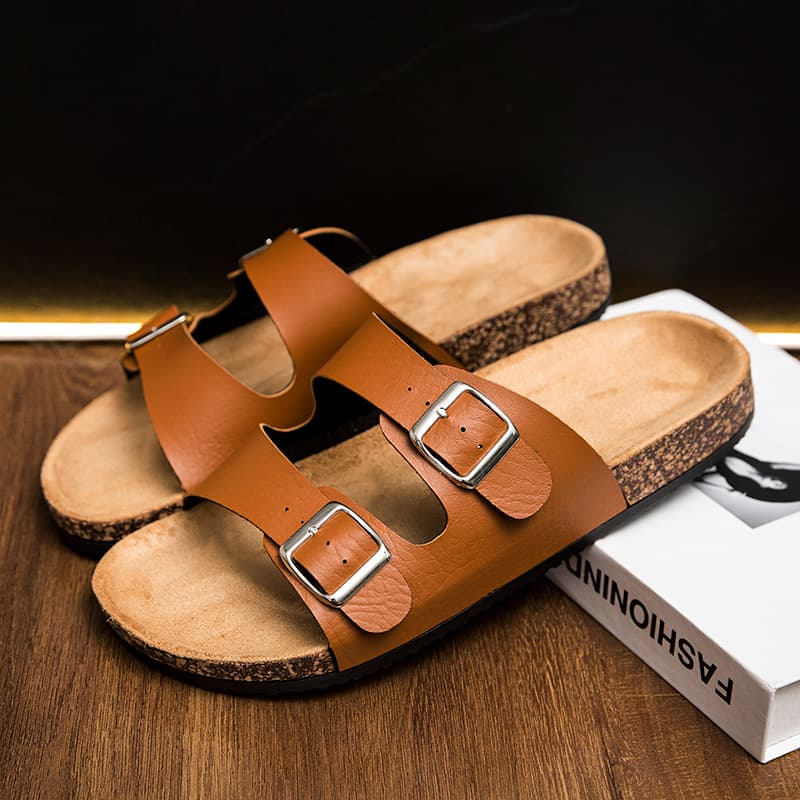 New Summer Birkenstock Sandals for Men, Slip-On, Non-Slip Thick Sole, Leather Casual Sandals, Youth One-Strap Beach Sandals