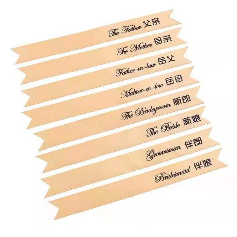 Sales of Wedding Boutonniere Fabric Strips and Ribbons, Newlyweds' Wear, Titles for Bridesmaids and Groomsmen, Font Corsage Fabric Strips