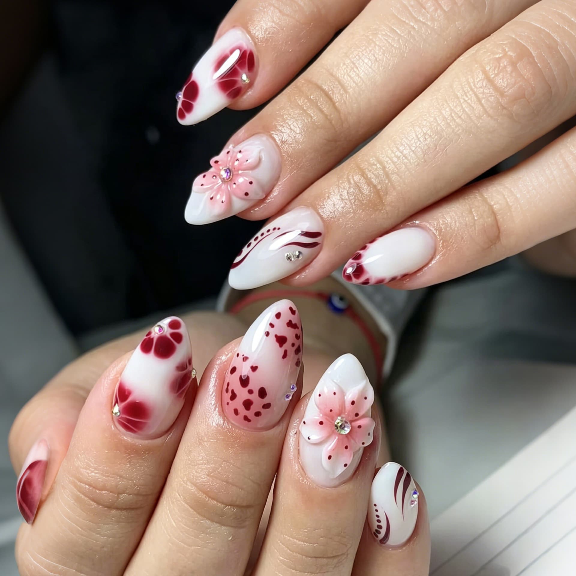 30pcs Cross-Border Hot Selling 3D Carved Short Almond Press-On Nails Premium French Leopard Print Handmade Rhinestone Nail Art