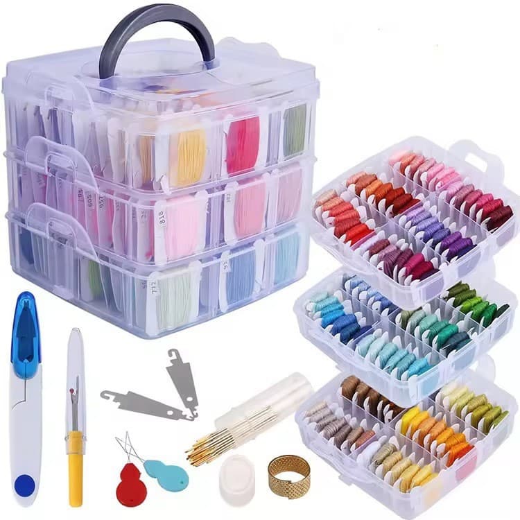 150 Colors Embroidery Thread Cross Stitch Thread Box Set Three-Layer Thread Organizer with Bobbins and Needles Portable Storage Case