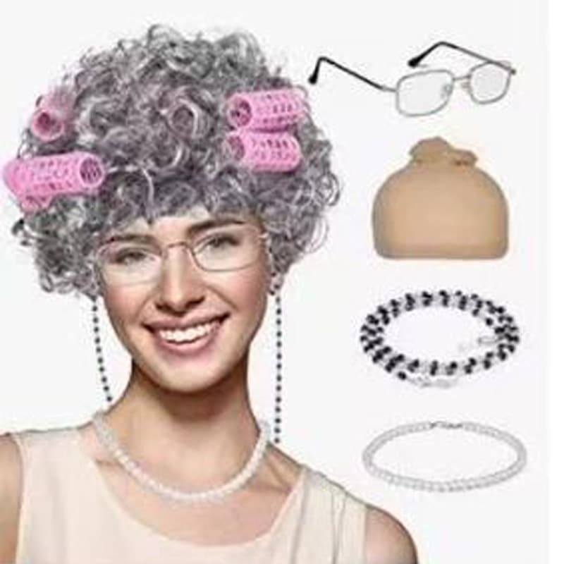 Stage props show old lady wig, grandpa, middle-aged grandma, gray wig, female short curly hair headgear