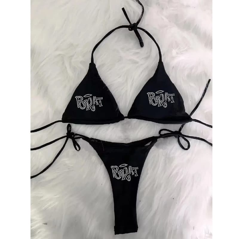 Y2K European-American Summer Gothic Punk Sexy Letter Rhinestone Halter Backless Vacation Bra Set