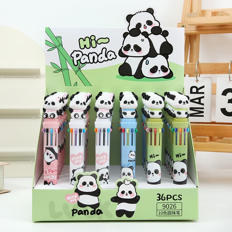 Cartoon Panda 10-Color Ballpoint Pen, High-Aesthetic Bamboo Panda Colored Journal Pen, Gift Pen, Student Stationery Wholesale