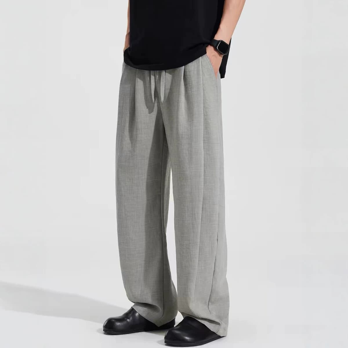Jimo source manufacturer high-end linen blended men's loose casual pinch pleated straight pants wide-leg long pants for men