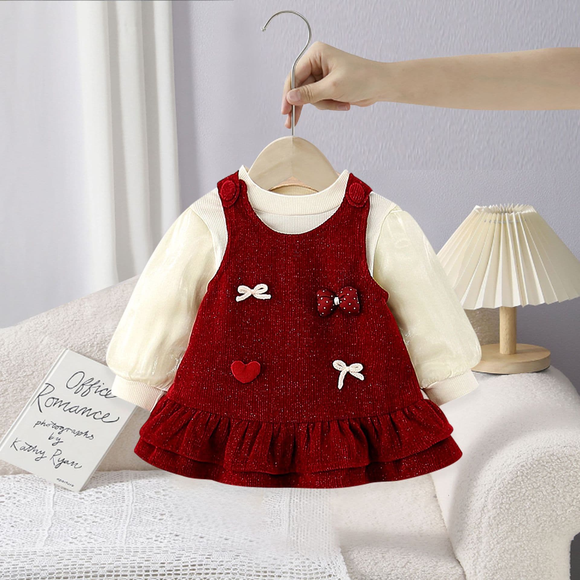Girls Autumn Winter Dress Set Baby Sweet Vest Dress with Fleece Lined Top 2-Piece Outfit 5226
