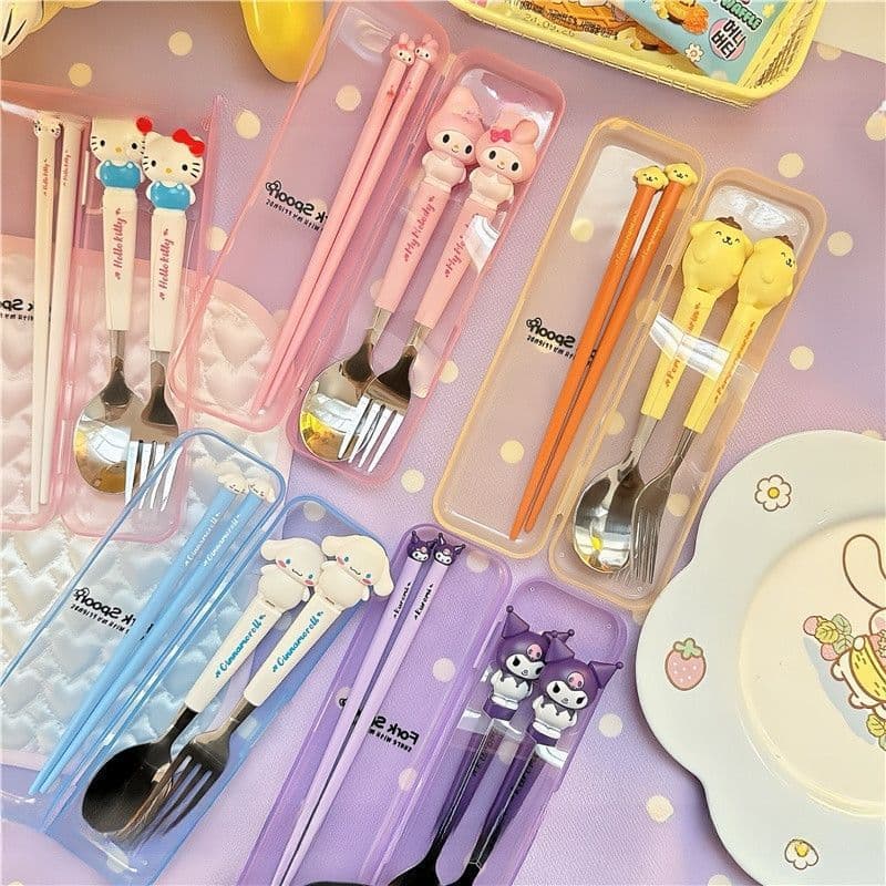 HL-015 Sanrio Cartoon Portable Cutlery Set Stainless Steel Spoon Fork Chopsticks Anti-Slip Chopsticks Hot Selling for Cross-Border