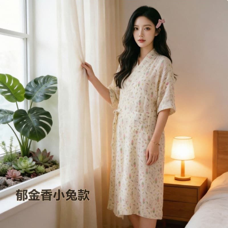 Women's Cotton Floral Bathrobe Spring Summer Loungewear Loose Tie Dressing Gown Thin Comfortable Breathable Sleepwear