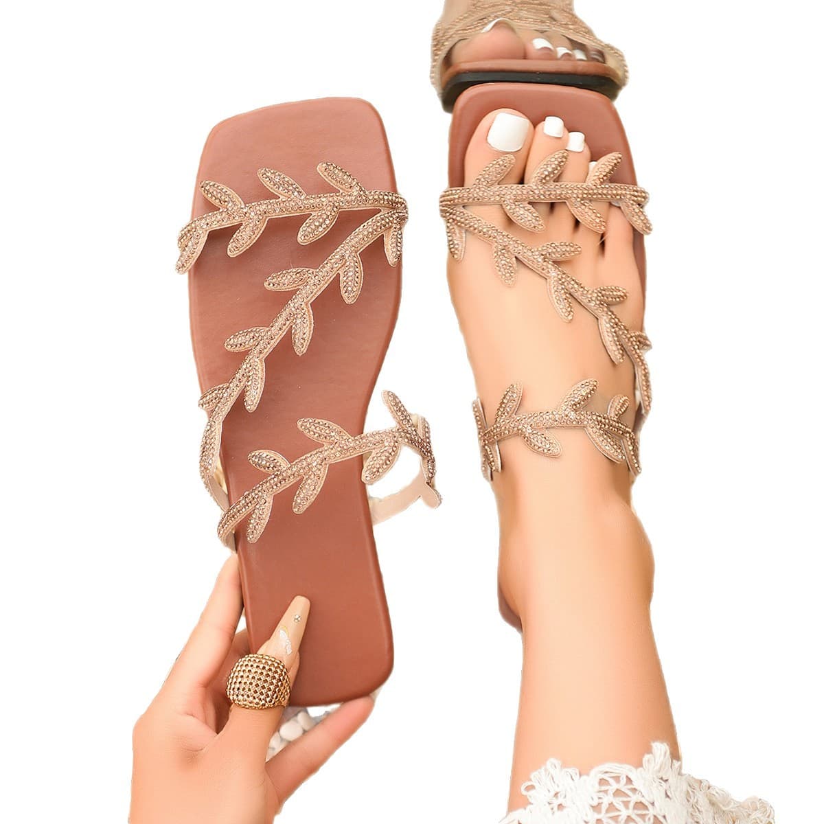 Women's Square-Toe Flat Sandals 2026 Summer New Fairy Style One-Strap Open-Toe Fashion Slippers