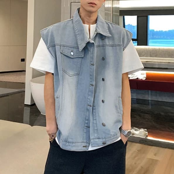 Four-Season Men's Vest Casual Vintage Washed Workwear Sleeveless Denim Vest Loose Couple Jacket
