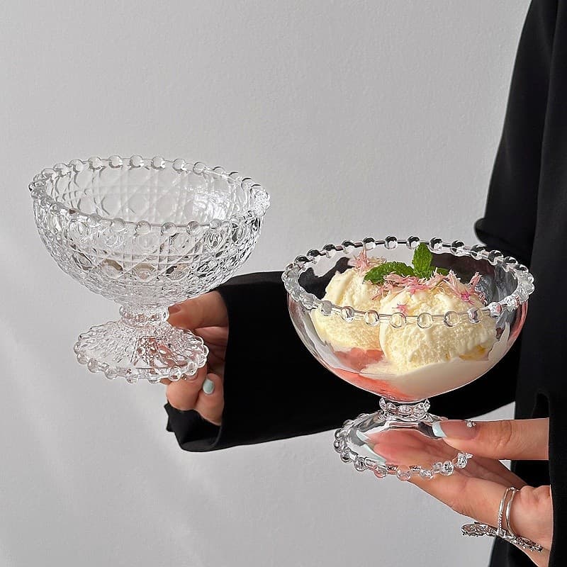 Niche beaded rim short-foot dessert bowl, ice cream bowl, sugar water bowl, glass cup, juice cup, cold drink cup, dessert bowl